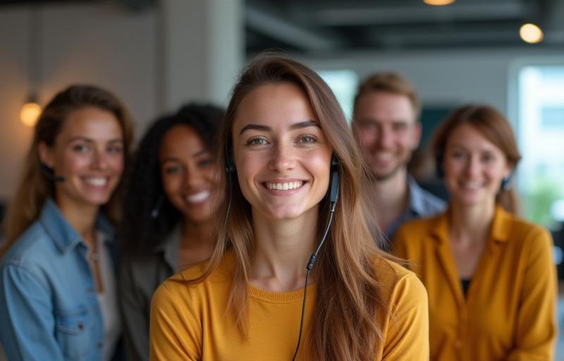 Foto de uma equipe de suporte diversa, sorrindo e pronta para ajudar.